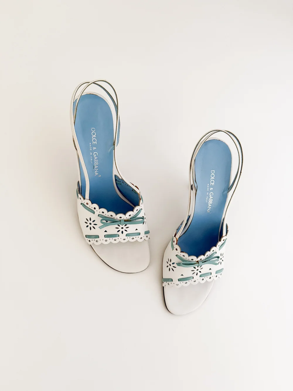 Dolce & Gabbana White & Blue Floral Eyelet Bow Sandal Kitten